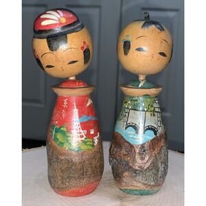 Japanese Kokeshi Doll Scenic Landscape Couple Wooden Hand Painted Signed